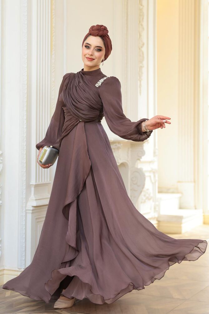 Drape Detaylı Kahverengi Tesettür Abiye Elbise 51641KH - 6