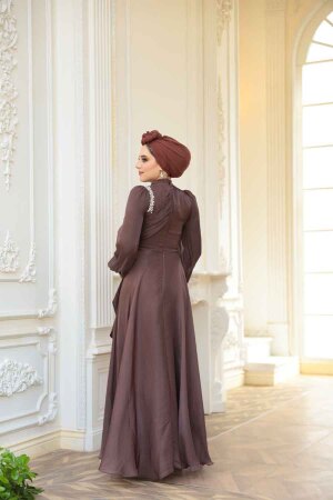 Drape Detaylı Kahverengi Tesettür Abiye Elbise 51641KH - 7