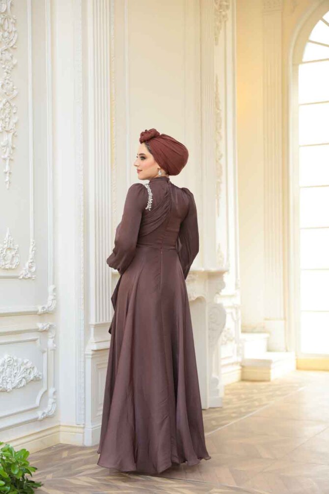 Drape Detaylı Kahverengi Tesettür Abiye Elbise 51641KH - 7