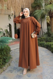 Drape Detaylı Kahverengi Tesettür Elbise 23211KH - Thumbnail