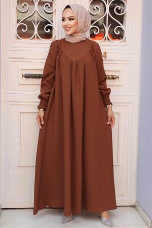 Drape Detaylı Kahverengi Tesettür Elbise 23211KH - 3