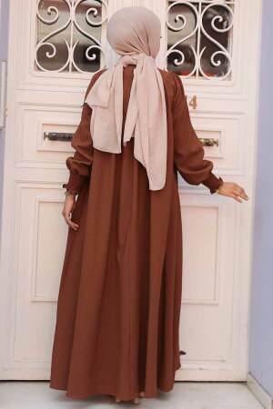 Drape Detaylı Kahverengi Tesettür Elbise 23211KH - 4