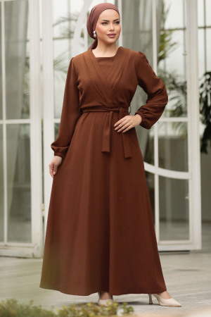Drape Detaylı Kahverengi Tesettür Elbise 30002KH - 2