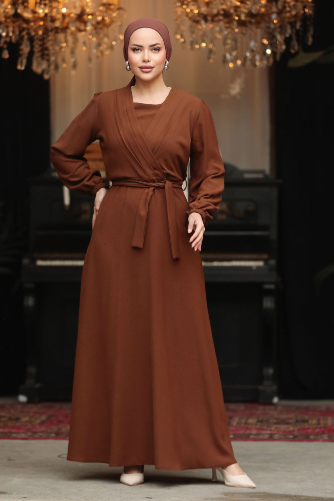 Drape Detaylı Kahverengi Tesettür Elbise 30002KH - 1