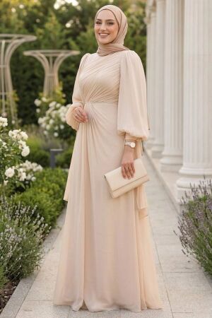  Drape Detaylı Koyu Bej Tesettür Abiye Elbise 50193KBEJ 
