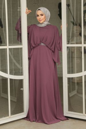 Drape Detaylı Koyu Gül Kurusu Tesettür Abiye Elbise 25891KGK - 1