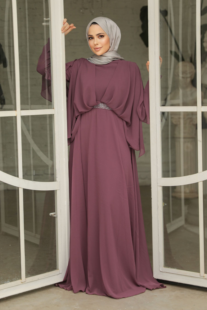 Drape Detaylı Koyu Gül Kurusu Tesettür Abiye Elbise 25891KGK - 1