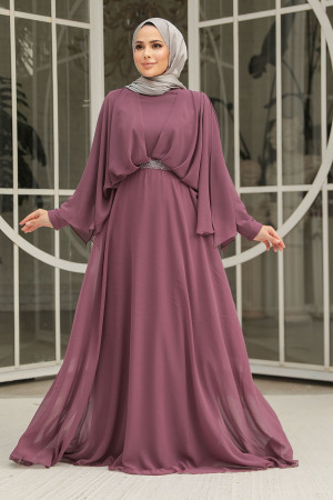 Drape Detaylı Koyu Gül Kurusu Tesettür Abiye Elbise 25891KGK - 2