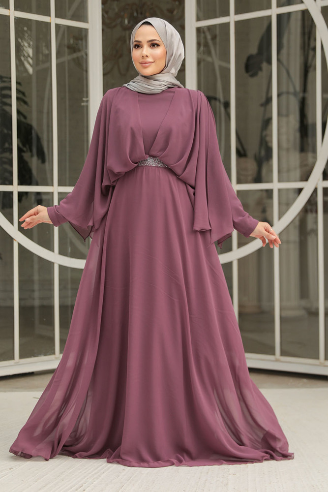 Drape Detaylı Koyu Gül Kurusu Tesettür Abiye Elbise 25891KGK - 2