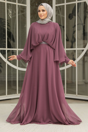 Drape Detaylı Koyu Gül Kurusu Tesettür Abiye Elbise 25891KGK - 3