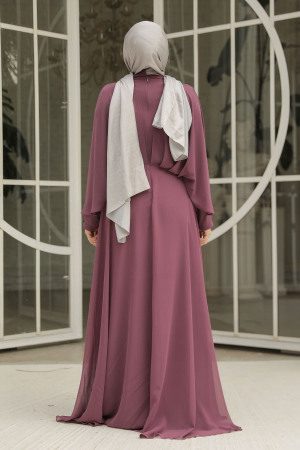 Drape Detaylı Koyu Gül Kurusu Tesettür Abiye Elbise 25891KGK - 4