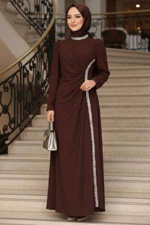  Drape Detaylı Koyu Kahverengi Tesettür Abiye Elbise 48561KKH 