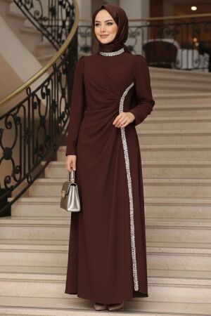  Drape Detaylı Koyu Kahverengi Tesettür Abiye Elbise 48561KKH 