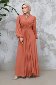  Drape Detaylı Koyu Somon Tesettür Abiye Elbise 4448KSMN - 2