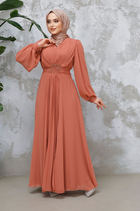 Drape Detaylı Koyu Somon Tesettür Abiye Elbise 4448KSMN - 3