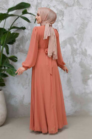  Drape Detaylı Koyu Somon Tesettür Abiye Elbise 4448KSMN - 4