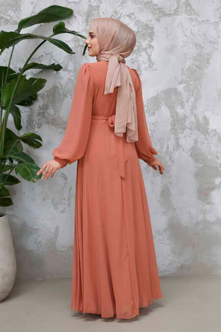  Drape Detaylı Koyu Somon Tesettür Abiye Elbise 4448KSMN - 4