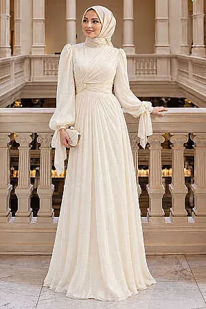 Drape Detaylı Krem Tesettür Abiye Elbise 52285KR 