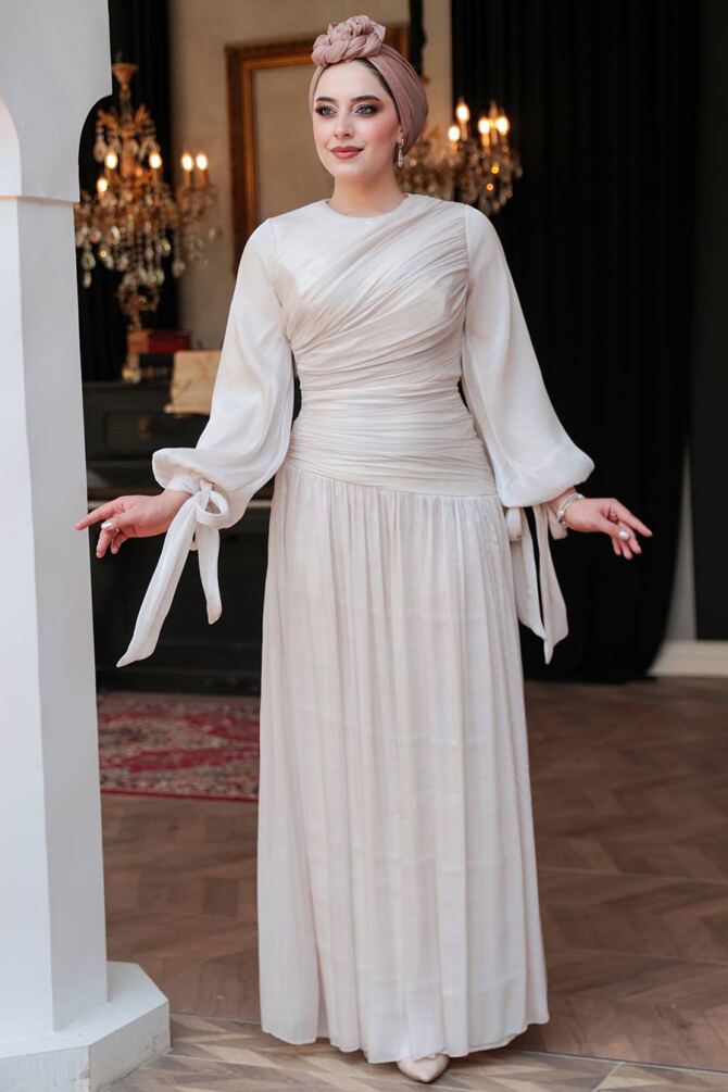 Drape Detaylı Krem Tesettür Abiye Elbise 53631KR - 1