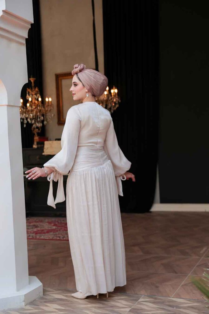 Drape Detaylı Krem Tesettür Abiye Elbise 53631KR - 3
