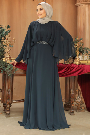 Drape Detaylı Lacivert Tesettür Abiye Elbise 25891L - 2