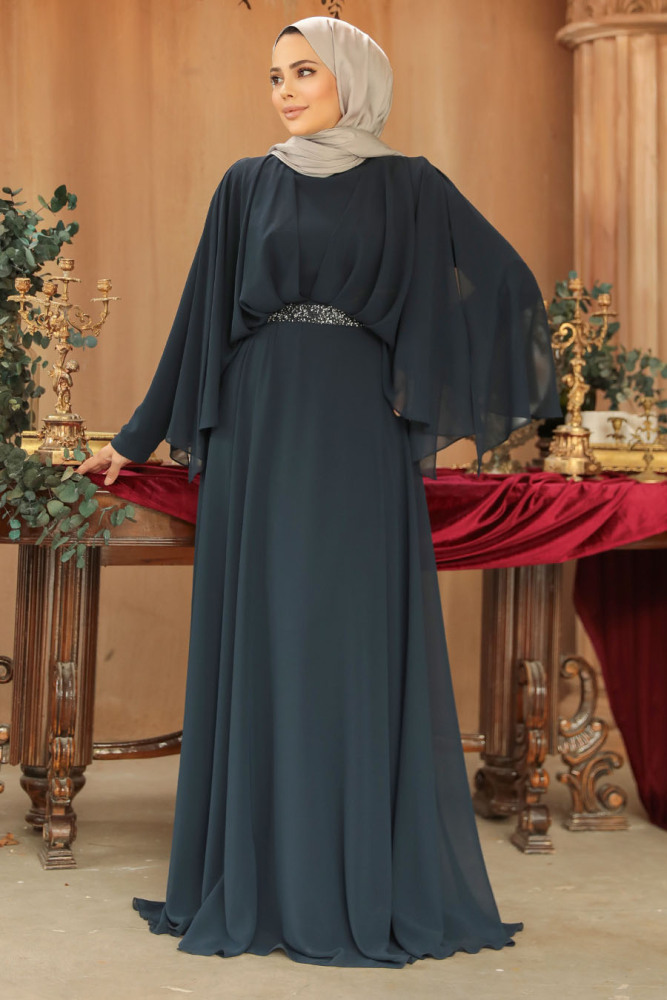 Drape Detaylı Lacivert Tesettür Abiye Elbise 25891L - 2