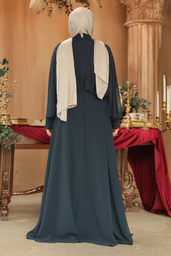 Drape Detaylı Lacivert Tesettür Abiye Elbise 25891L - 4