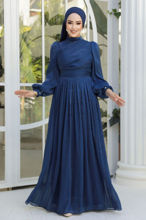  Drape Detaylı Lacivert Tesettür Abiye Elbise 44081L - 3