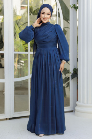  Drape Detaylı Lacivert Tesettür Abiye Elbise 44081L 