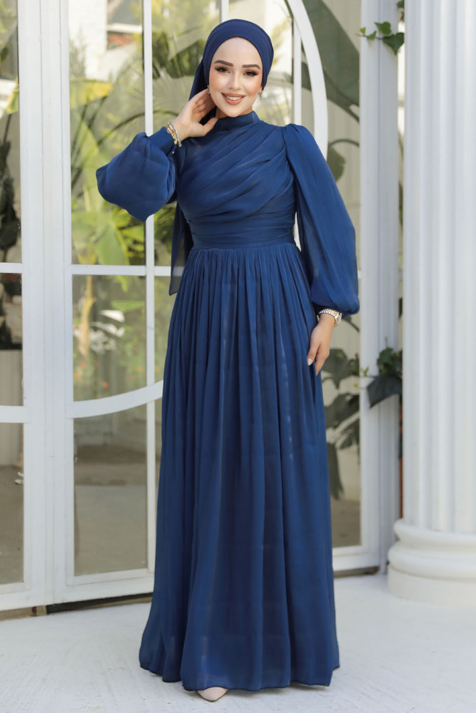  Drape Detaylı Lacivert Tesettür Abiye Elbise 44081L - 1