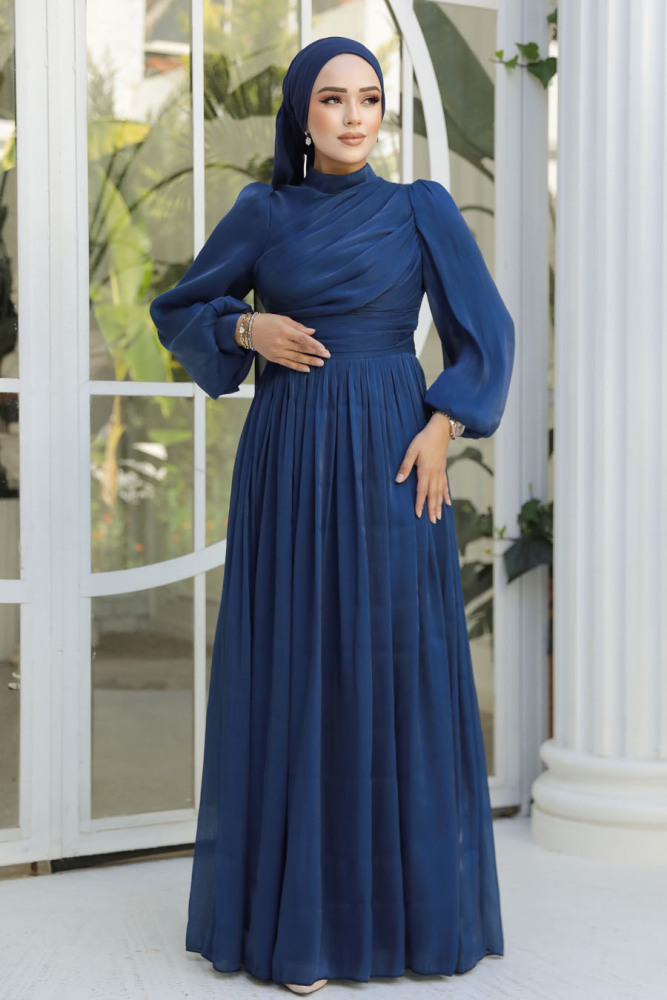  Drape Detaylı Lacivert Tesettür Abiye Elbise 44081L - 2