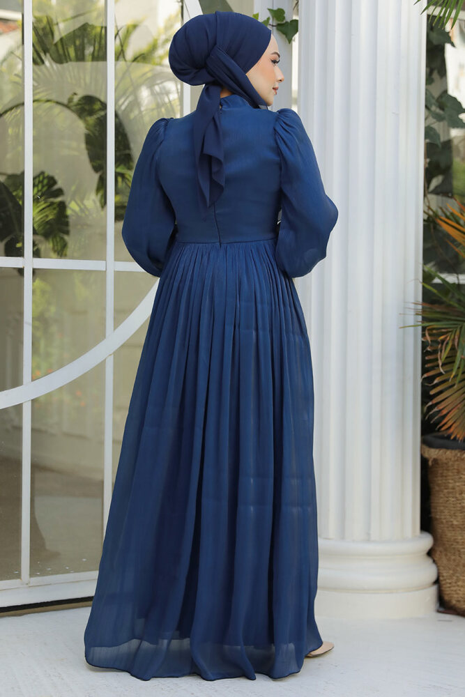 Drape Detaylı Lacivert Tesettür Abiye Elbise 44081L - 4