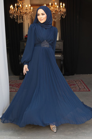 Drape Detaylı Lacivert Tesettür Abiye Elbise 4448L - 4