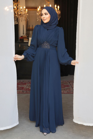 Drape Detaylı Lacivert Tesettür Abiye Elbise 4448L - 2