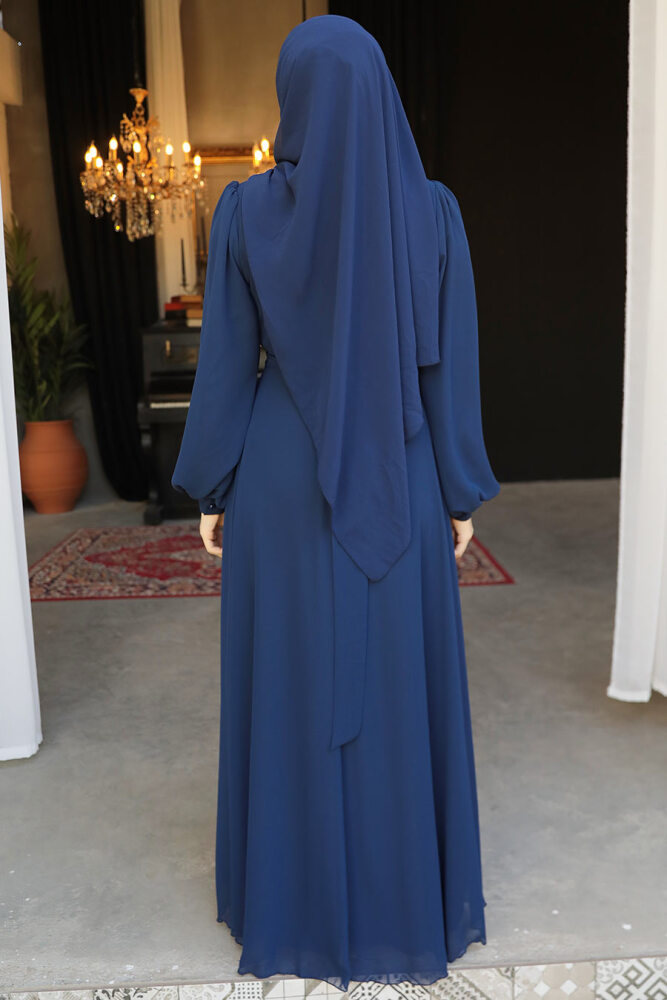 Drape Detaylı Lacivert Tesettür Abiye Elbise 4448L - 3