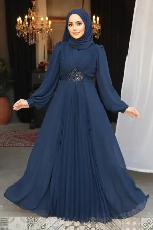 Drape Detaylı Lacivert Tesettür Abiye Elbise 4448L 