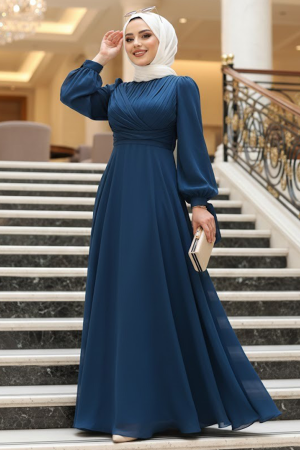 Drape Detaylı Lacivert Tesettür Abiye Elbise 4823L 