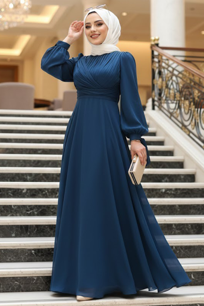 Drape Detaylı Lacivert Tesettür Abiye Elbise 4823L - 1