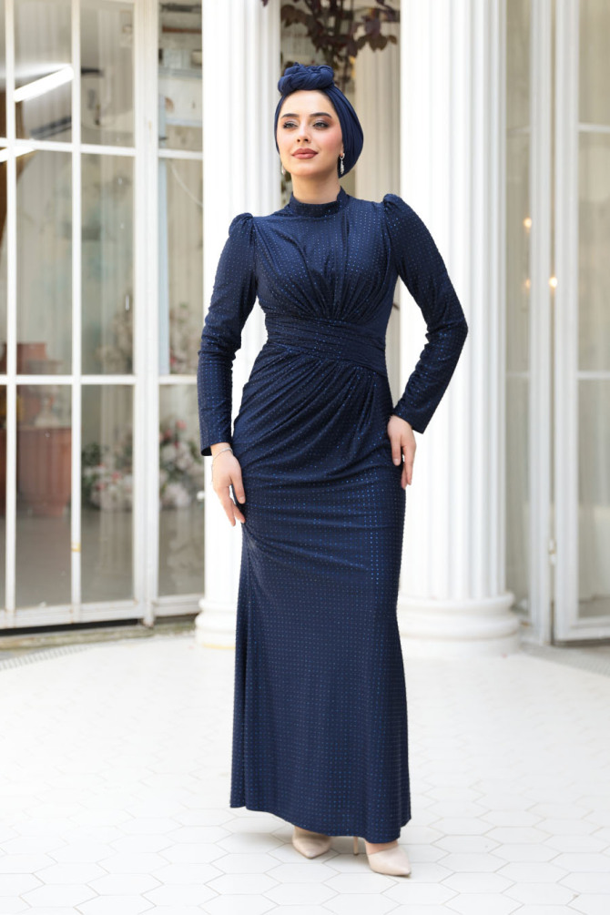 Drape Detaylı Lacivert Tesettür Abiye Elbise 50061L - 2