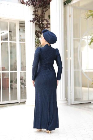 Drape Detaylı Lacivert Tesettür Abiye Elbise 50061L - 3