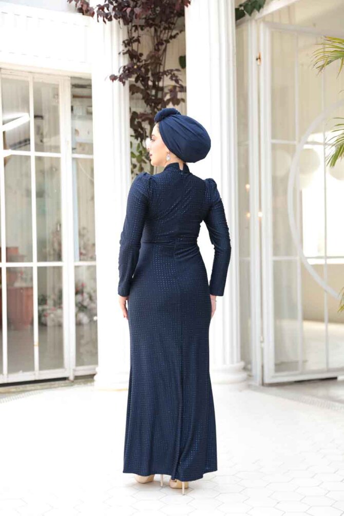 Drape Detaylı Lacivert Tesettür Abiye Elbise 50061L - 3