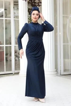 Drape Detaylı Lacivert Tesettür Abiye Elbise 50061L - 1
