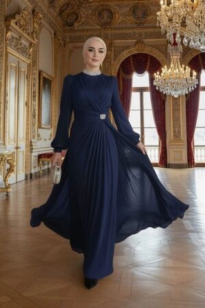  Drape Detaylı Lacivert Tesettür Abiye Elbise 50581L 