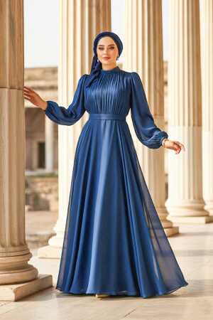  Drape Detaylı Lacivert Tesettür Abiye Elbise 51072L 