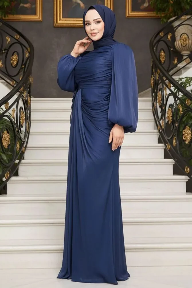  Drape Detaylı Lacivert Tesettür Abiye Elbise 51203L - 1