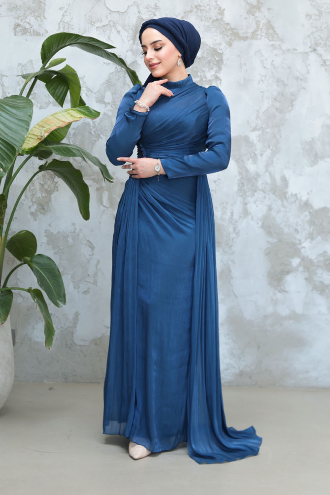 Drape Detaylı Lacivert Tesettür Abiye Elbise 51481L - 2