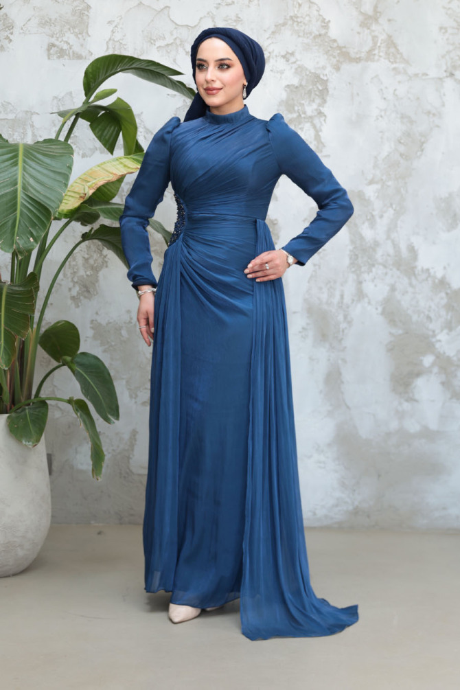 Drape Detaylı Lacivert Tesettür Abiye Elbise 51481L - 3