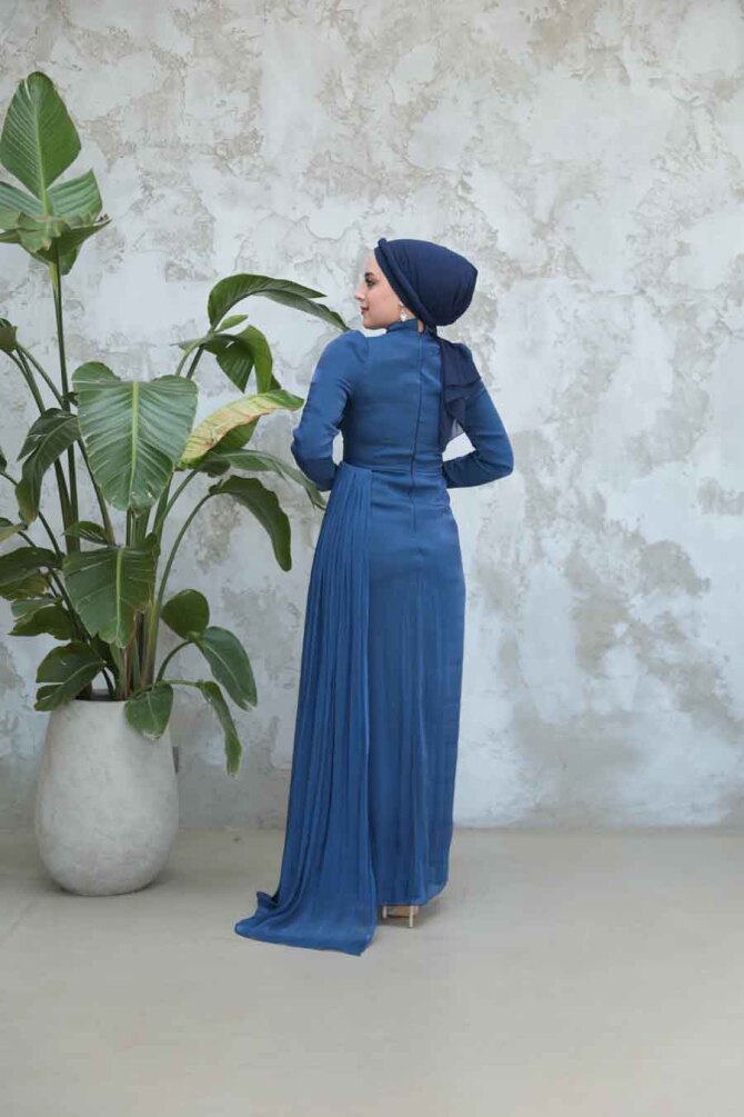 Drape Detaylı Lacivert Tesettür Abiye Elbise 51481L - 4