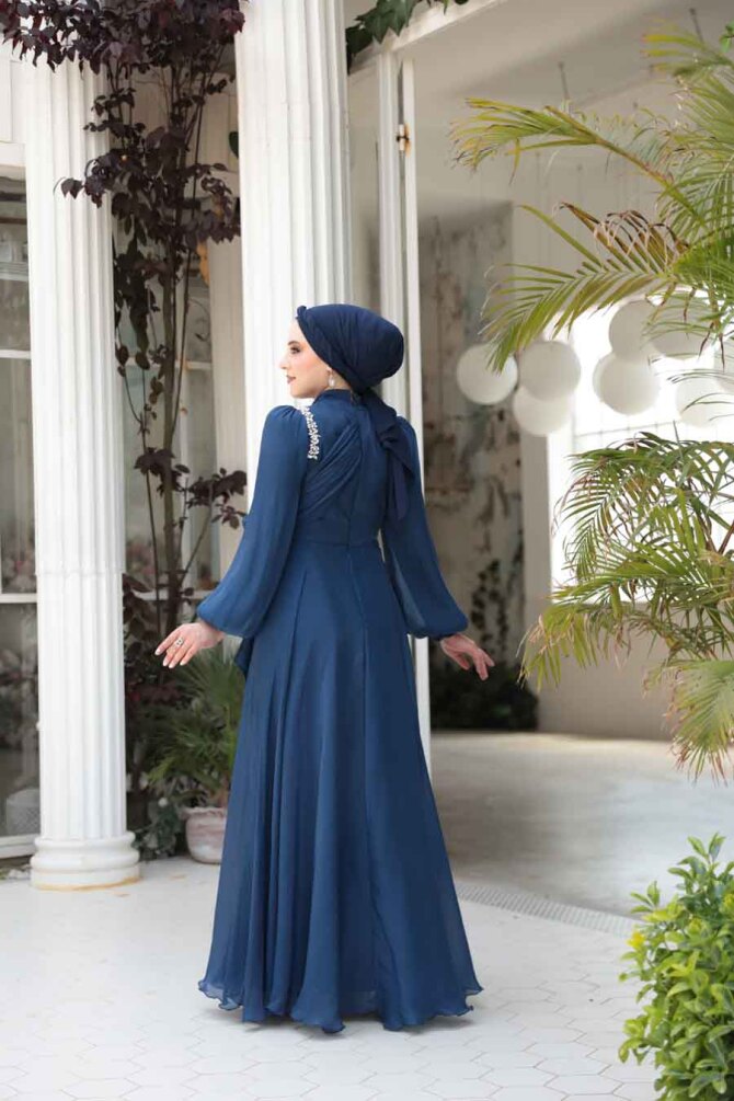 Drape Detaylı Lacivert Tesettür Abiye Elbise 51641L - 5