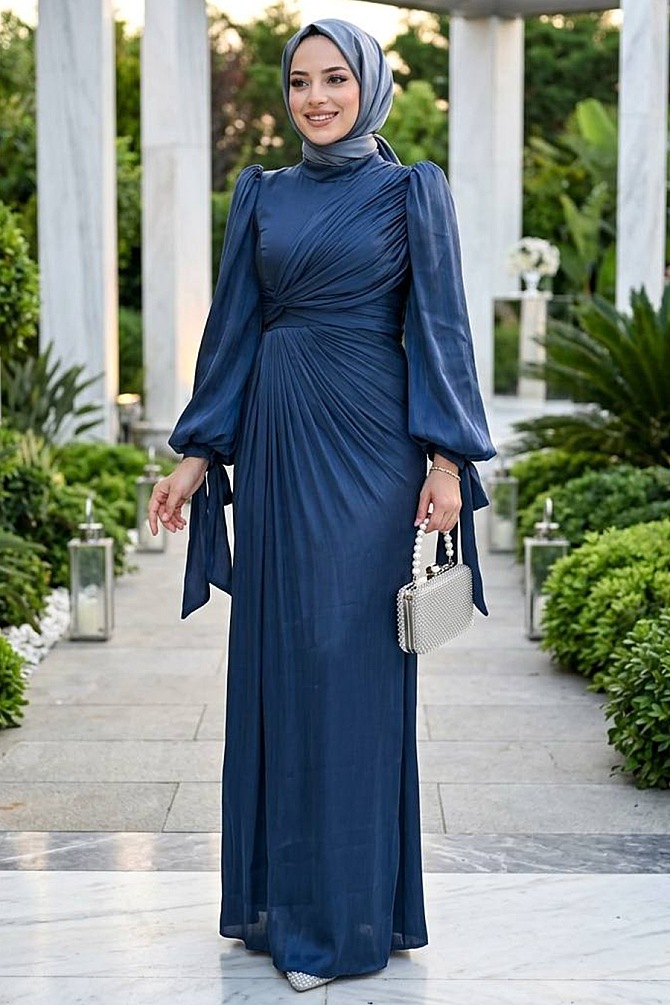 Drape Detaylı Lacivert Tesettür Abiye Elbise 52285L - 1